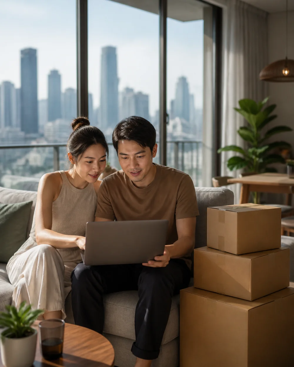 Thai couple comparing moving quotes on laptop in their Bangkok condo — GoThaiMover