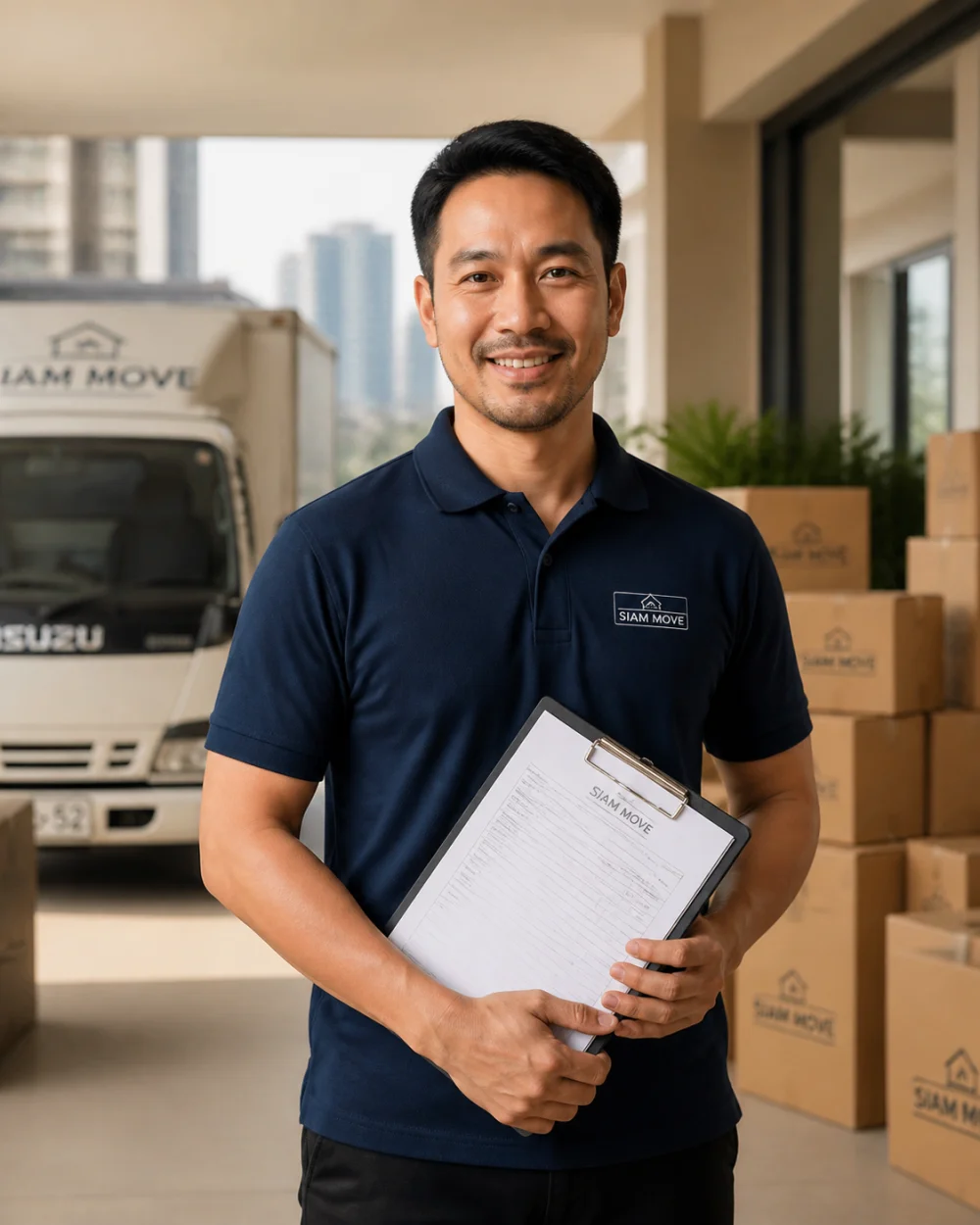 Verified Thai mover with clipboard in front of his Isuzu moving truck — GoThaiMover