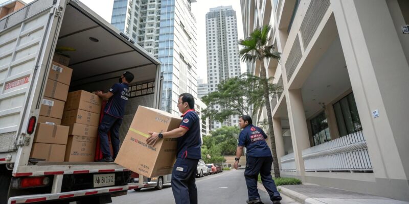 Movers unloading boxes on a narrow street in Sukhumvit, Bangkok