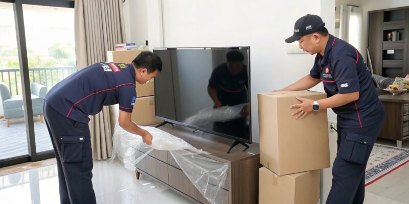 Movers wrapping a TV and fragile boxes in a Bangkok apartment